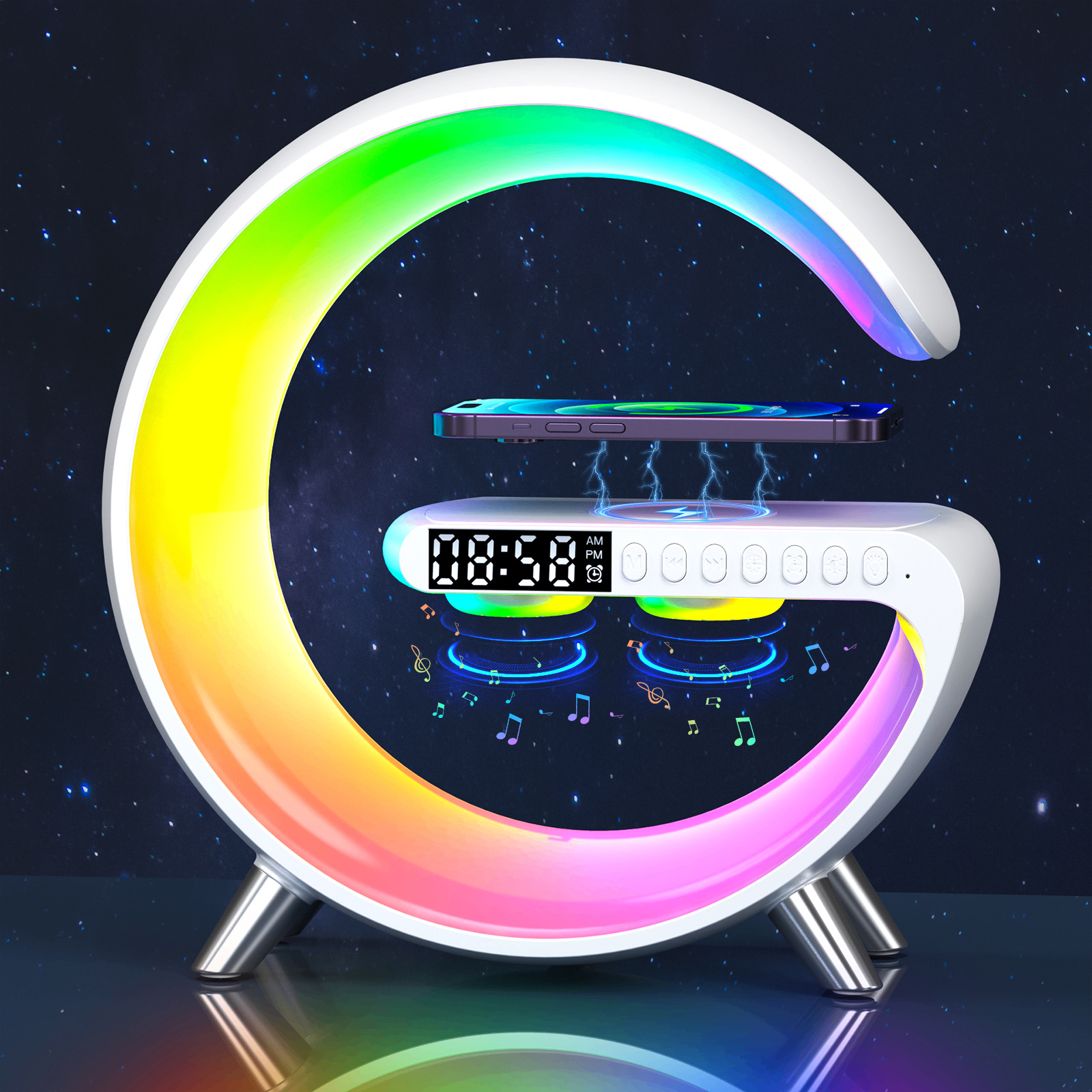 3-in-1 Glow Lamp — Bluetooth, Wireless Charger & Alarm Clock