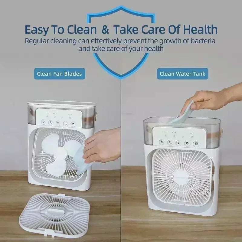 3-in-1 Mini Air Cooler Fan — Portable Cooling, Humidifier & Night Light