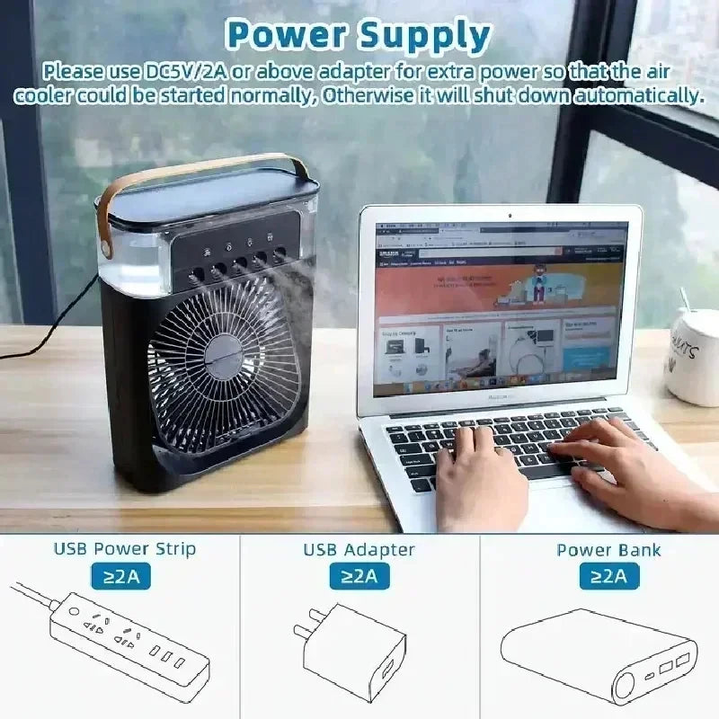 3-in-1 Mini Air Cooler Fan — Portable Cooling, Humidifier & Night Light